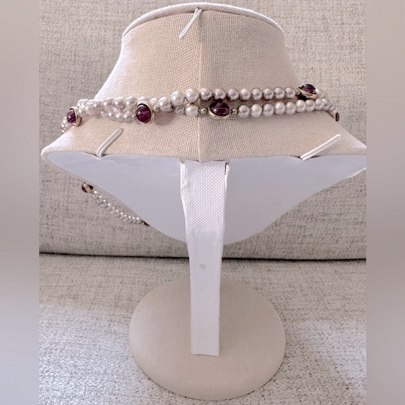 Silver pearls w purple cateye beads opera length necklace beautiful vintage - Picture 5 of 7
